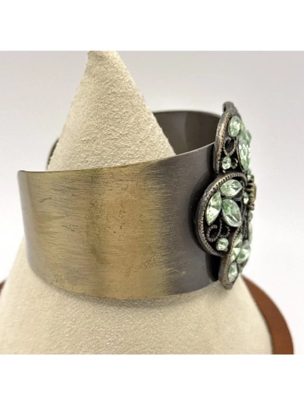 Brass Cuff Bracelet Filigree Floral Medallion Light Green Rhinestones Boho Art